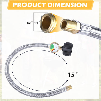15 in RV Propane Hoses with Gauge, Stainless Steel Braided Camper Tank Hose,Propane Pigtail Hose Line for Camper Standard Dual Stage Regulator,1/4-Inch Male,40Lb 250PSI,NPT x QCC1 Fittings. (2 Pack)