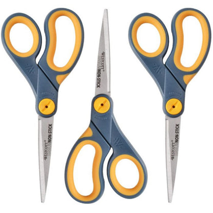Westcott 8-Inch Titanium-Bonded Non-Stick Straight Scissors with Adjustable Glide Feature for Office and Home - Gray/Yellow, 3 Pack