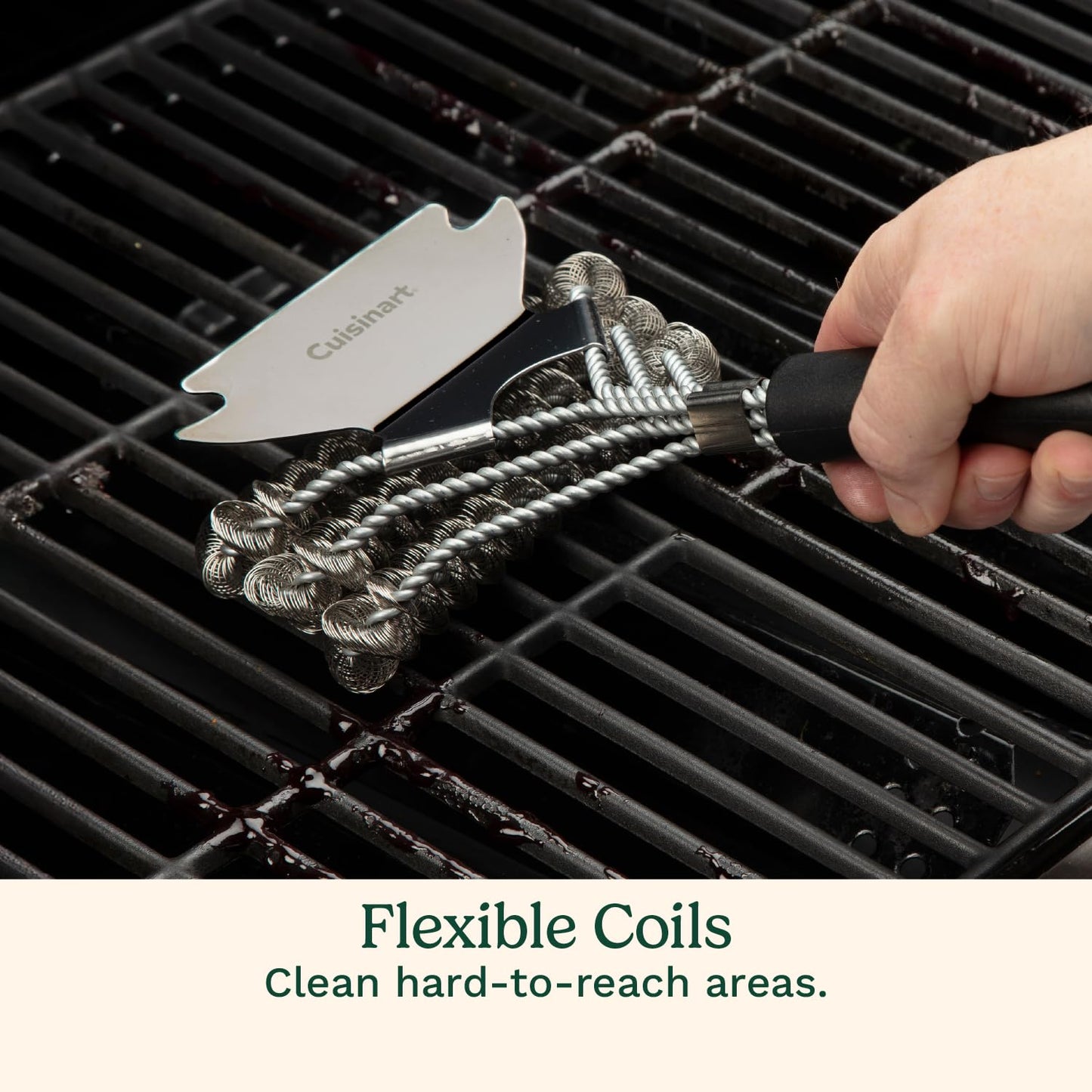 Cuisinart Triple Coil Brush, 17” Stainless Steel Grill Brush with Wide Scraper for All Grates, Bristle Free Grilling Accessory for Worry Free Cleaning, Perfect for BBQs, Cookout & Tailgate Cleaning