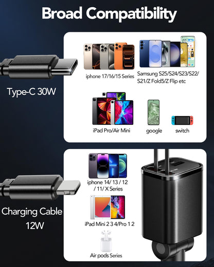 Retractable Car Charger Adapter for iPhone 17,4 in 1 Fast Charging Car Phone Charger,69W USB C Car Truck Accessories,Road Trip Essentials Gift for Men Women for iPhone 17 Pro Max 16 15 14 13 12,Galaxy
