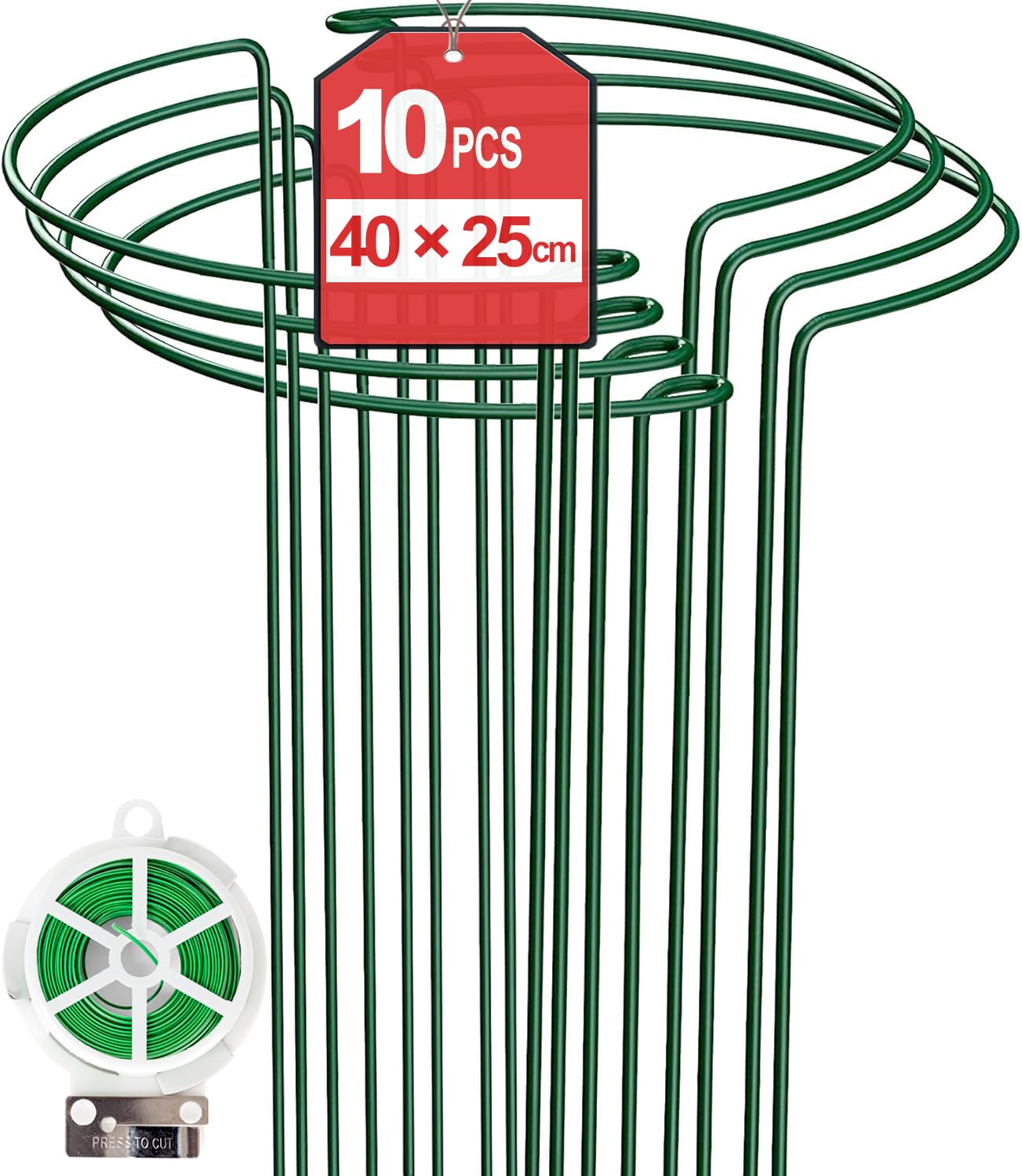10Pack 40×25cm Plant Support Stakes With 50m Plant Ties, Metal Garden Plant Stakes Half Round Indoor Outdoor Support Ring Cage for Peonies Monstera Hydrangeas Roses Vegetables Tomatoes Tulips Lavender