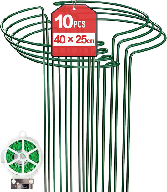 10Pack 40×25cm Plant Support Stakes With 50m Plant Ties, Metal Garden Plant Stakes Half Round Indoor Outdoor Support Ring Cage for Peonies Monstera Hydrangeas Roses Vegetables Tomatoes Tulips Lavender