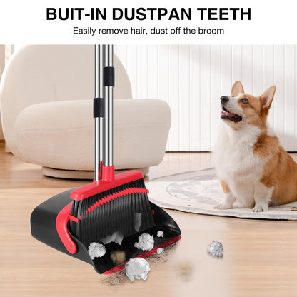 Broom and Dustpan Set, 52-in Long Adjustable Handle Broom Dustpan Combo with Dustpan Teeth to Automatically Clean Hair Suitable for Home Kitchen Office Hall Floor（Black&Red）