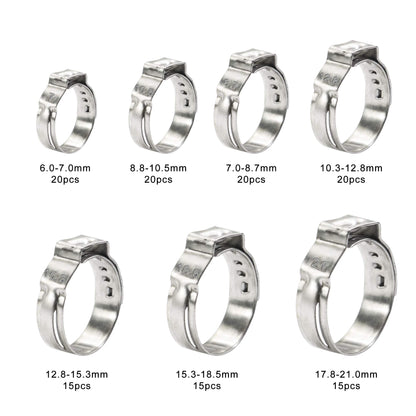 125PCS Single Ear Hose Clamps 7-21mm Sizes 304 Stainless Steel Pipe Fuel Line Clips kit