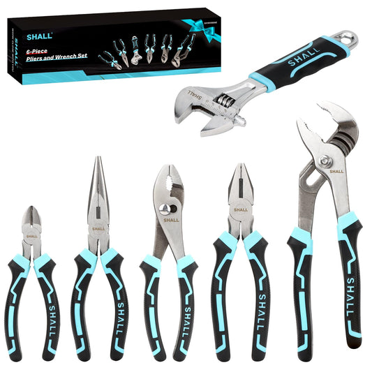 SHALL 6-Piece Pliers Set, Pliers Tool Set, 6" Diagonal Cutting, 8" Long Nose, 8" Linesman, 8" Slip-Joint & 10" Groove-Joint Pliers, 8" Adjustable Wrench, Two-Color TPR Handle, Gift Box Included