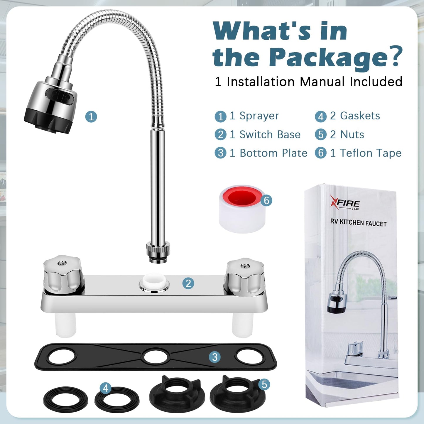 RV Kitchen Faucet, XFIRE-GEAR Camper Faucet Kitchen with Flexible Arc 360 Degree Rotatable Dual Function Sprayer, RV Sink Faucets for Motorhomes, Travel Trailers (8 Inches Apart)