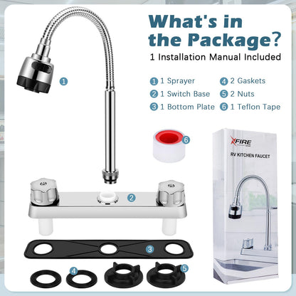 RV Kitchen Faucet, XFIRE-GEAR Camper Faucet Kitchen with Flexible Arc 360 Degree Rotatable Dual Function Sprayer, RV Sink Faucets for Motorhomes, Travel Trailers (8 Inches Apart)