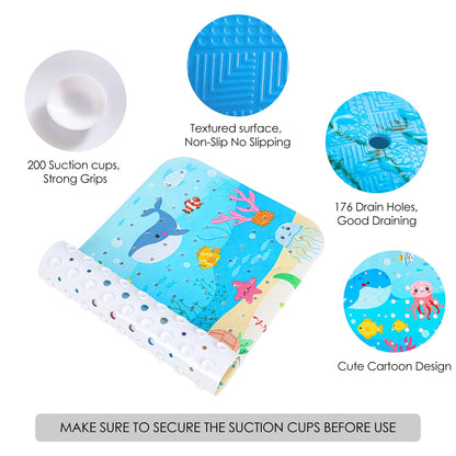 Bath Mats for Tub Kids, Baby Toddler - Large Cartoon Non-Slip Bathroom Bathtub Anti-Slip Shower Mats for Floor 40x16 Inch, Machine Washable XL Large Size Bathroom Mats (Whale)