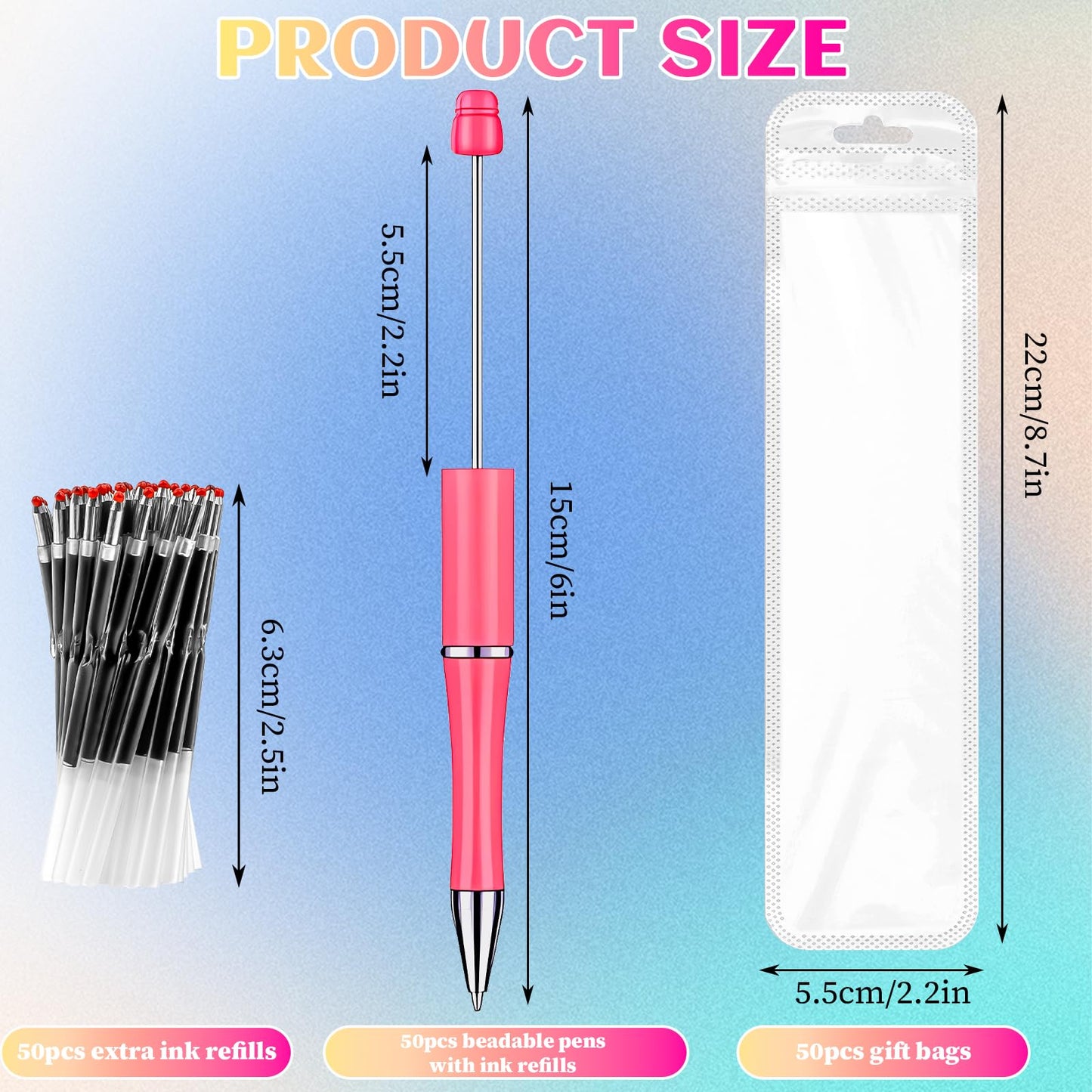 150 Pcs DIY Beadable Pens Kit, 50 Plastic Beadable Pens Bulk with 50 Refills & 50 Pen Bags, Beads Pen Black Ink Ballpoint DIY Crafting Pen for School Office Christmas Gifts