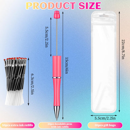 150 Pcs DIY Beadable Pens Kit, 50 Plastic Beadable Pens Bulk with 50 Refills & 50 Pen Bags, Beads Pen Black Ink Ballpoint DIY Crafting Pen for School Office Christmas Gifts