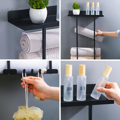 Towel Racks for Bathroom, No Drilling Towel Holder Towel Rack, Towel Storage Wall Mounted, Adjustable Towel Rack Bathroom Storage, Bathroom Towel Shelf for Rolled or Folded Towels, Black
