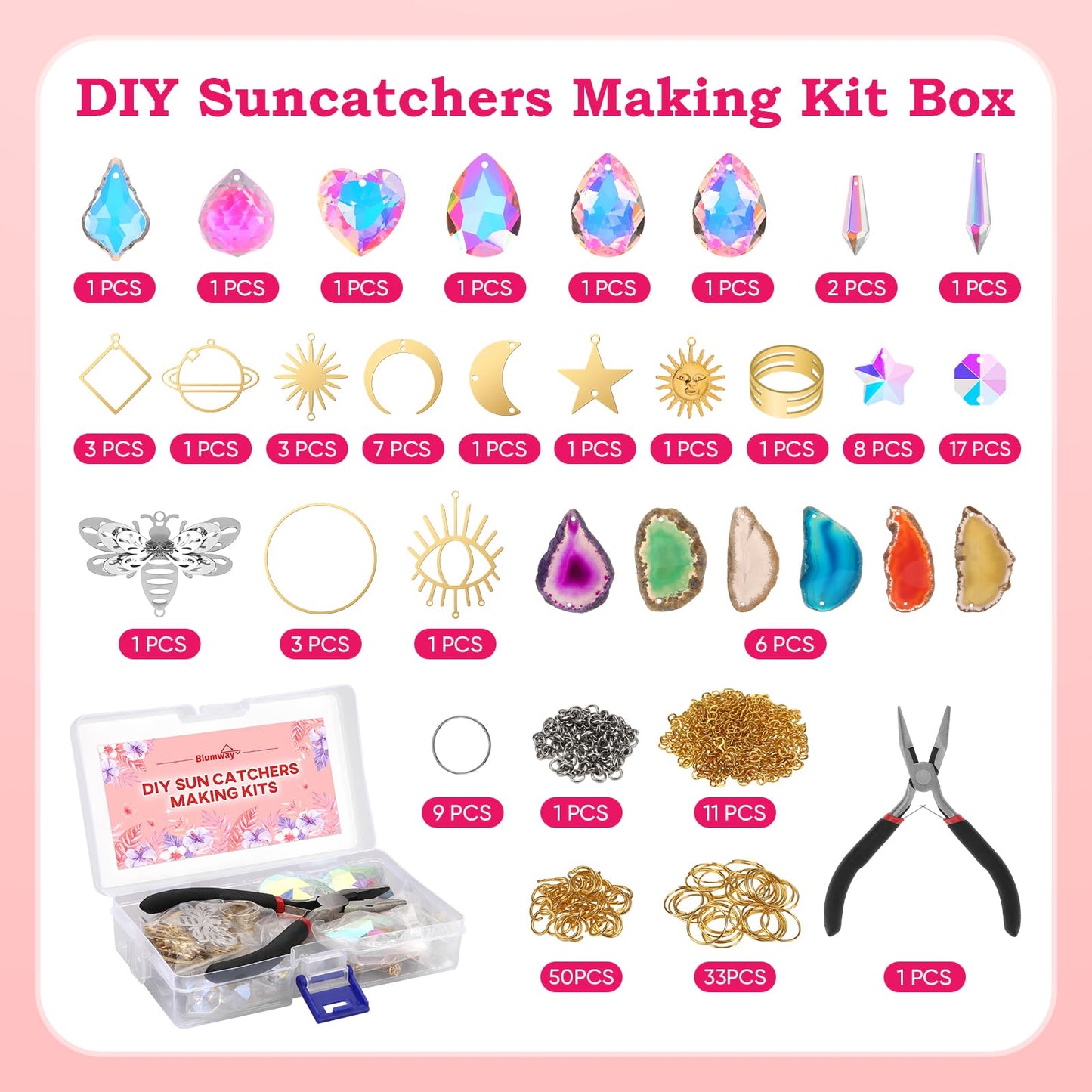 Blumway 168 PCS DIY Sun Catchers Making Kits Craft for Adults,Crystal Suncatcher Indoor Window Hanging with Crystals Light Catcher with Prisms and Agate Slices
