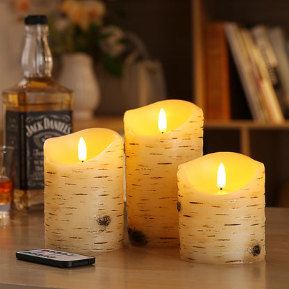 qinxiang Flameless Candles LED Candles Birch Bark Set of 3 (D 3.25" x H 4" 5" 6") Ivory Real Wax Pillar Battery Operated Candles with LED Flame 10-Key Remote Control and Cycling 24 Hours Timer
