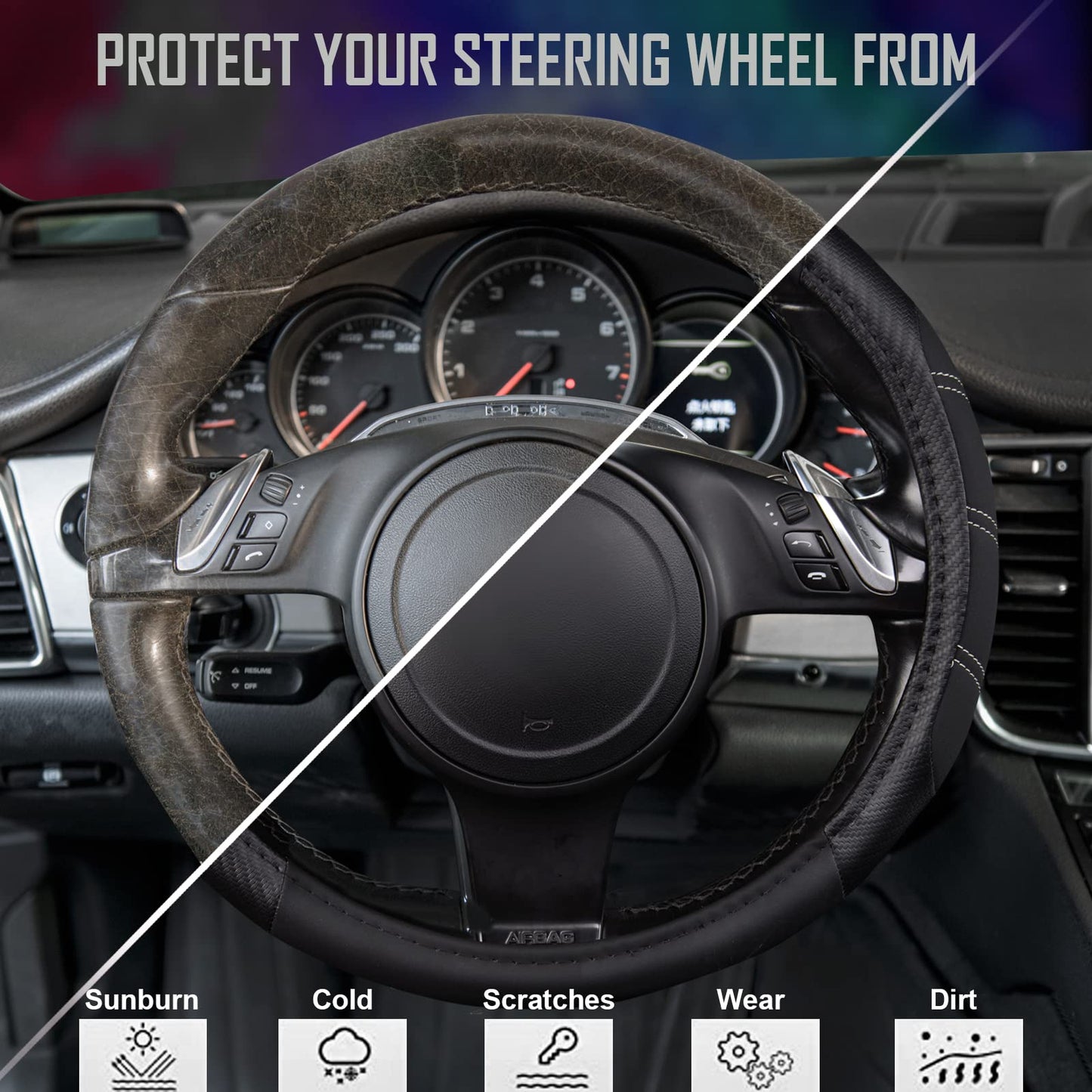 CAR PASS Line Rider Microfiber Leather Sporty 14.5-15 inch Steering Wheel Cover Universal Fits for 95% Truck,SUV,Cars, Anti-Slip Safety Comfortable Design (Black Carbon Fiber)