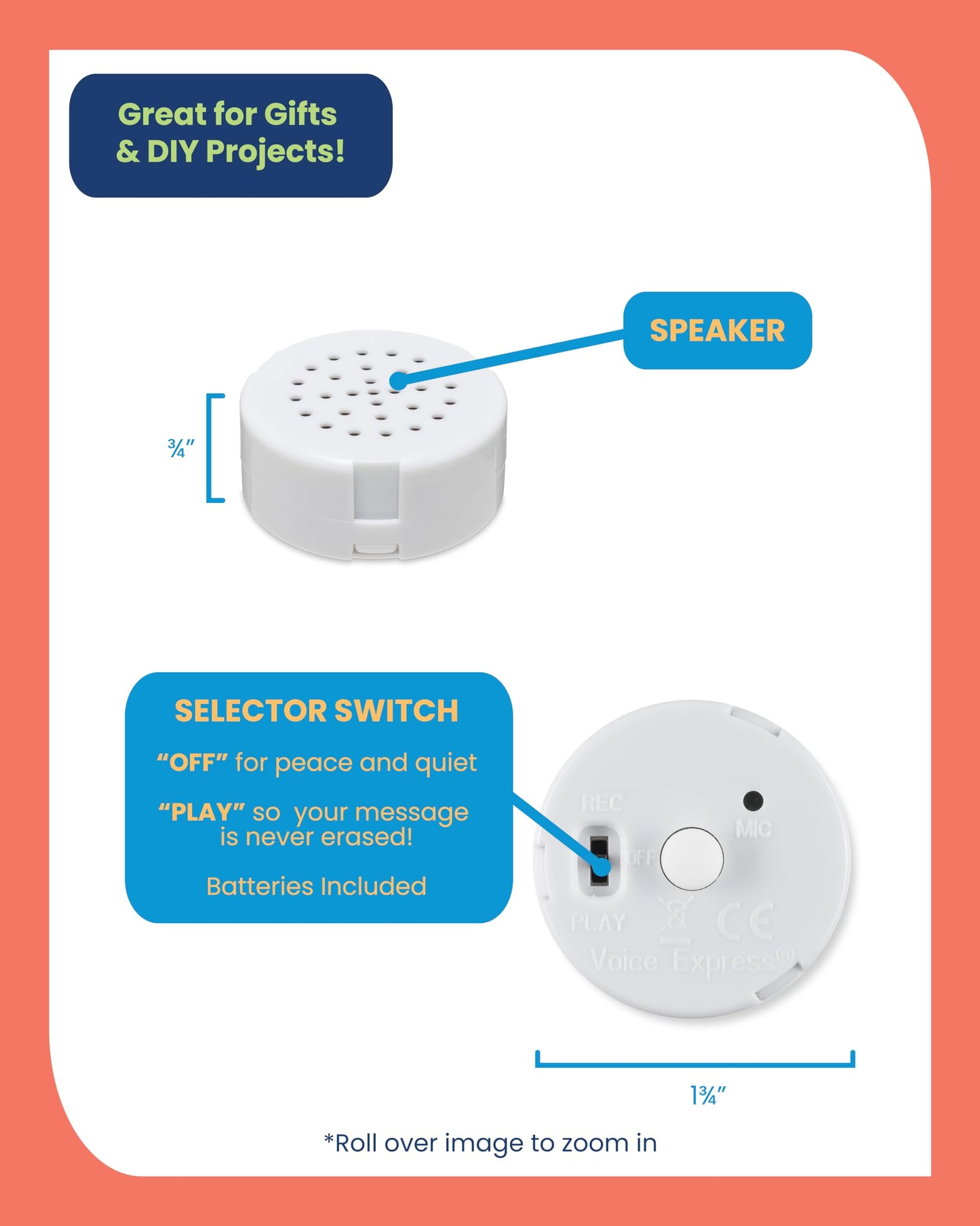VoiceGift 20-Second Voice Recorder, Record Custom Message for Plush Toy, Stuffed Bear Toy, Baby Doll Toy, and Pillow (Pack of 2)