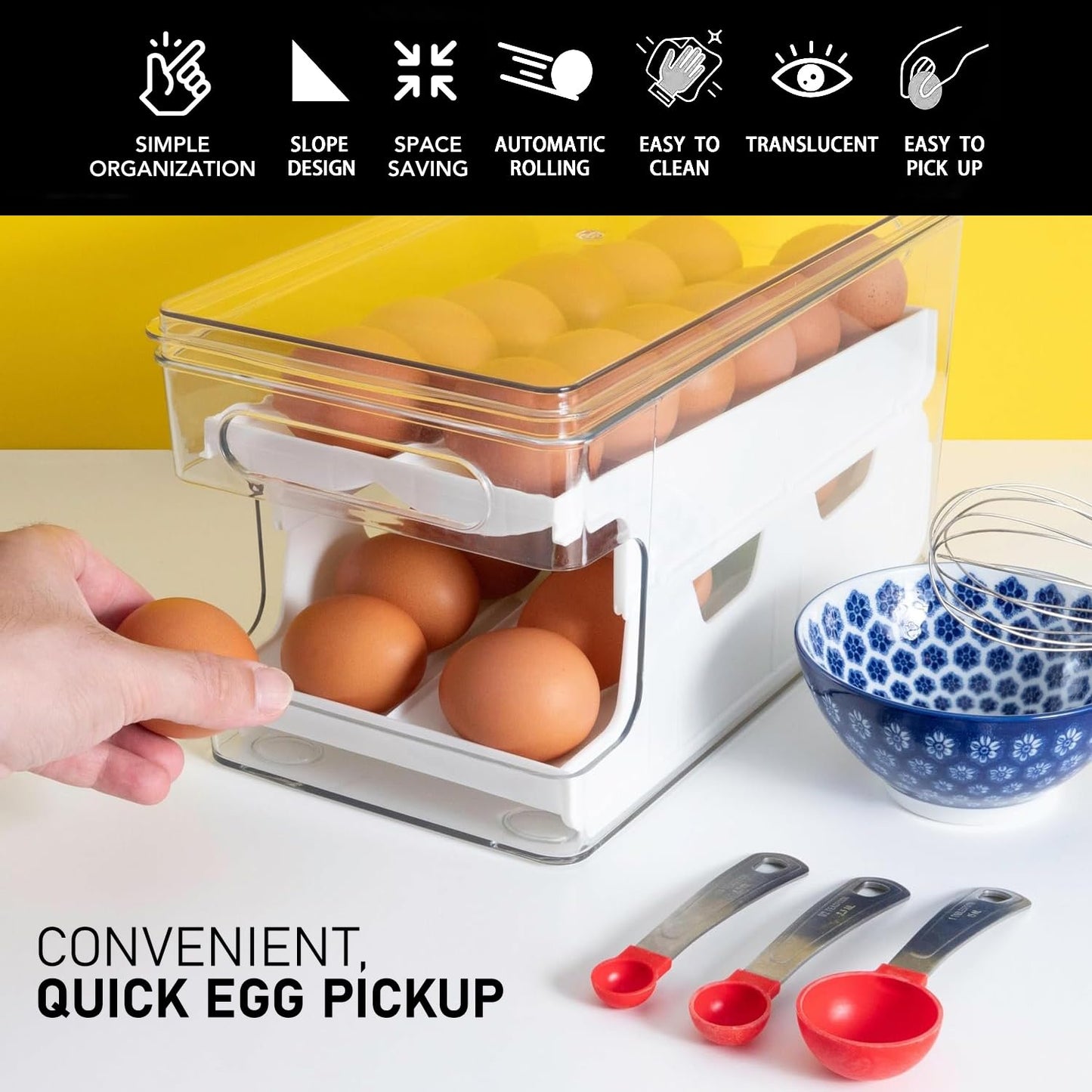 Rolling Egg Holder, Fridge Fresh 24 Egg Organizer with Lid for Refrigerator, Clear Egg Container Tray Stackable Dispenser and Egg Holder for Fridge, Egg Dispenser fridge Rolling With Egg Timer