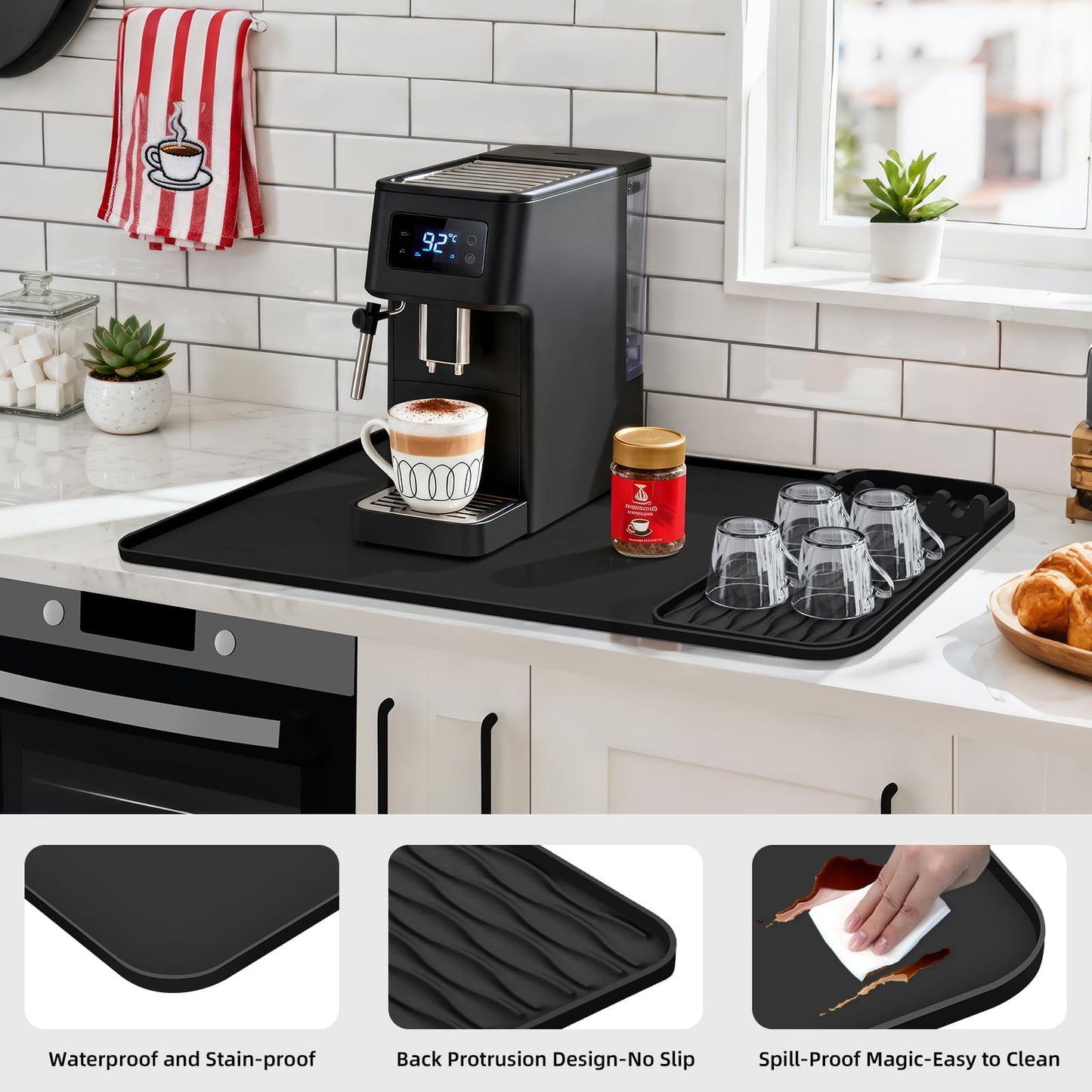 Silicone Coffee Mat 40 * 65 cm Coffee Maker Mat & Bar Mat Leak-Proof Spill-Proof Raised Edges 2 in 1 Removable Countertops Fits Under Coffee Maker for Bars/Restaurants/Cafe/Coffee Shop (Black)