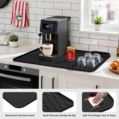 Silicone Coffee Mat 40 * 65 cm Coffee Maker Mat & Bar Mat Leak-Proof Spill-Proof Raised Edges 2 in 1 Removable Countertops Fits Under Coffee Maker for Bars/Restaurants/Cafe/Coffee Shop (Black)
