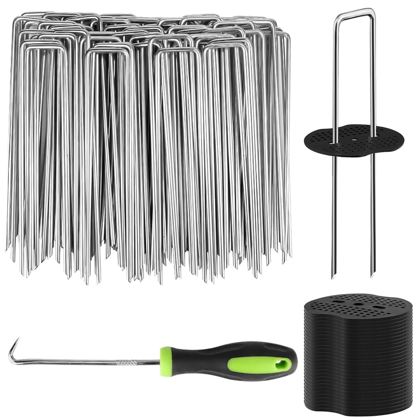 101Pcs Garden Landscape Staples with Gasket and Precision Hook, 11 Gauge 4'' Galvanized U-Shaped Sod Pins Yard Fence Ground Stakes for Fixed Tents Weed Mat Gardening Cover