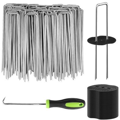 101Pcs Garden Landscape Staples with Gasket and Precision Hook, 11 Gauge 4'' Galvanized U-Shaped Sod Pins Yard Fence Ground Stakes for Fixed Tents Weed Mat Gardening Cover