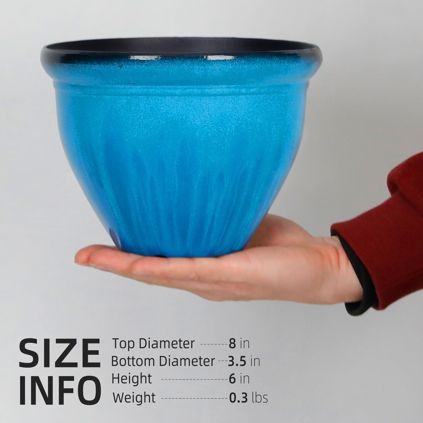 Worth Garden 8-Inch Dia. Round Blue Plastic Planters with Drain Holes, 5.9-Inch Height - 2-Pack Glossy Finish Bell-Shaped Plant Pot – Lightweight Indoor/Outdoor Flower Pots