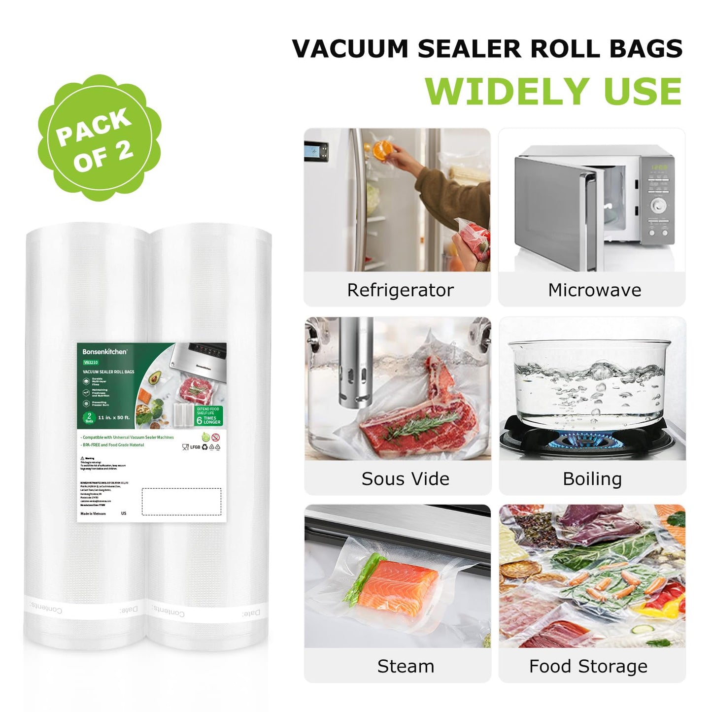 Bonsenkitchen Vacuum Sealer Bags, 11 in x 50 ft Rolls 2 Pack Food Vacuum Storage Bags, BPA Free, Food Grade, Customized Size Vcuum Bag for Vac Storage, Meal Prep or Sous Vide Cooking, VB3210