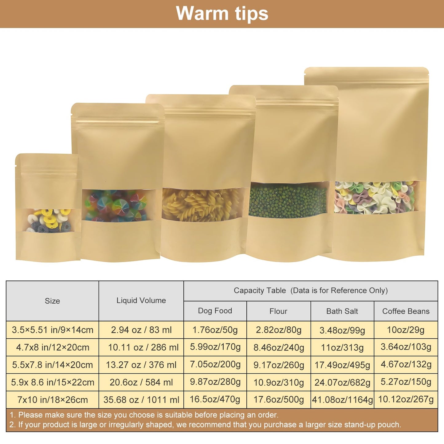 SumDirect Kraft Stand Up Pouches - 100Pcs Resealable Kraft Paper Stand Up Bags with Window, Zipper Disposable Food Storage Bags for Home or Business (100, 4.7x7.8inch)