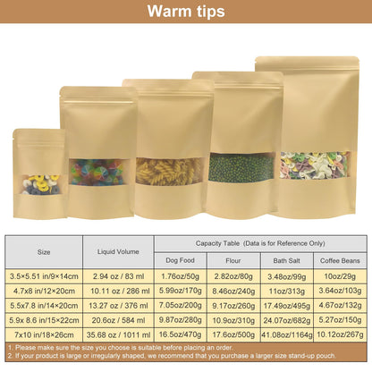 SumDirect Kraft Stand Up Pouches - 100Pcs Resealable Kraft Paper Stand Up Bags with Window, Zipper Disposable Food Storage Bags for Home or Business (100, 4.7x7.8inch)