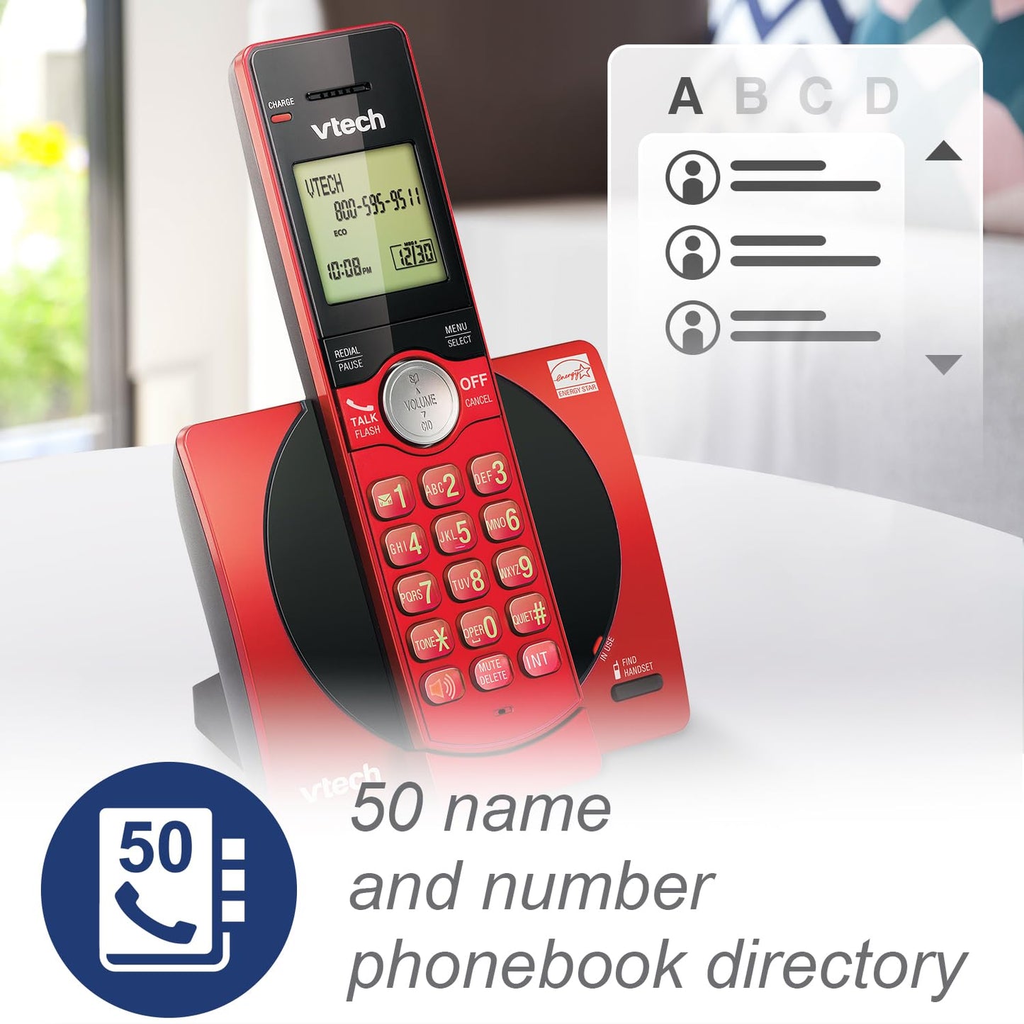 VTech DECT 6.0 Single Handset Cordless Phone with CID, Backlit Keypad and Screen, Full Duplex Handset Speakerphone, and Call Block Red