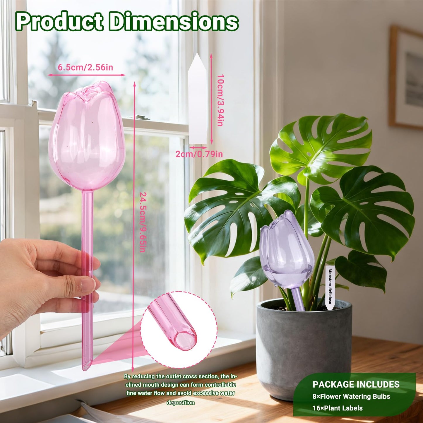 WRENYZK 8 Pcs Self Watering Globes Bulbs for Indoor Outdoor Plants, Tulip Self Watering Globes, Automatic Plant Watering Devices with Plant Labels, Plastic Watering Balls for Plants