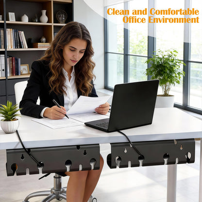 7 code Cable Management Under Desk, Set of 2 Stainless Steel Cable Organizer with Desk Accessories, Under Desk Storage, Cable Ties Cord Organizer, Desk Cable Management Box for Office, Home, Black