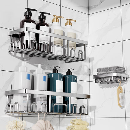 Veken Large Capacity Shower Caddy 3-Pack, No Drilling Adhesive Rack with Soap Holder, Rustproof & Waterproof Shelves, Bathroom Organizers and Storage, Wall-Mounted Kitchen & Home Decor, Silver