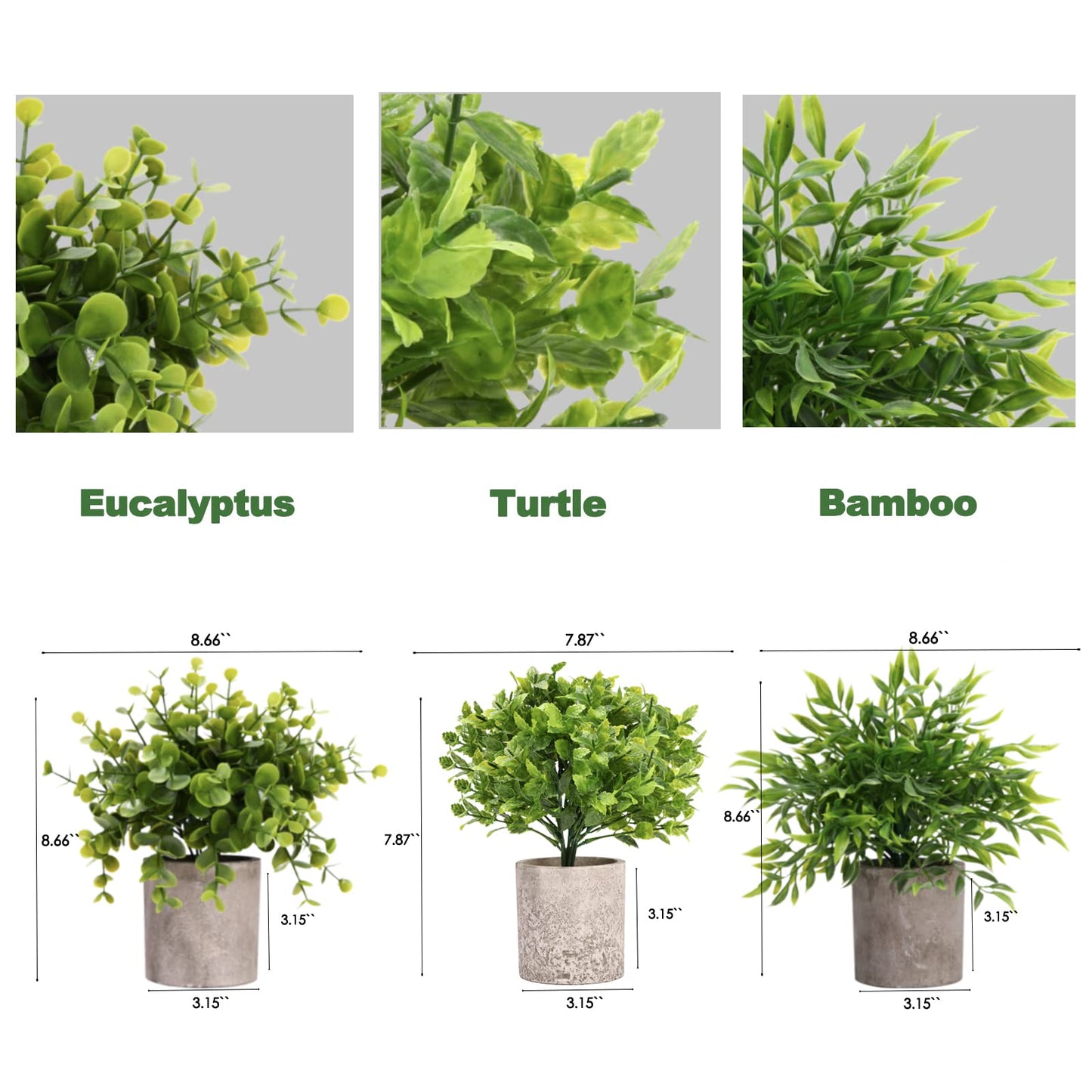 Decorative Artificial Plants in Pots Set of 3-Mini Potted Fake Plants in Pots,Plastic Eucalyptus Plants,Bamboo,Turtle Potted Faux Plants Indoor for Office Desk Coffee Table Wall Bedroom Decoration