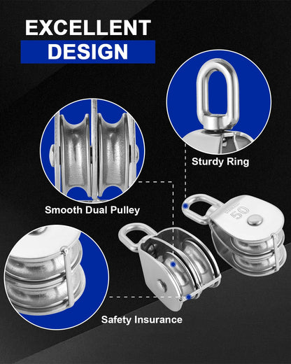 DASBET M50 Double Pulley Block Set - 304 Stainless Steel Pack of 2 | Heavy Duty Double Pulleys for Efficient Lifting | Ideal for Hanging Wire and Crane Operations with Swivel Hook Design