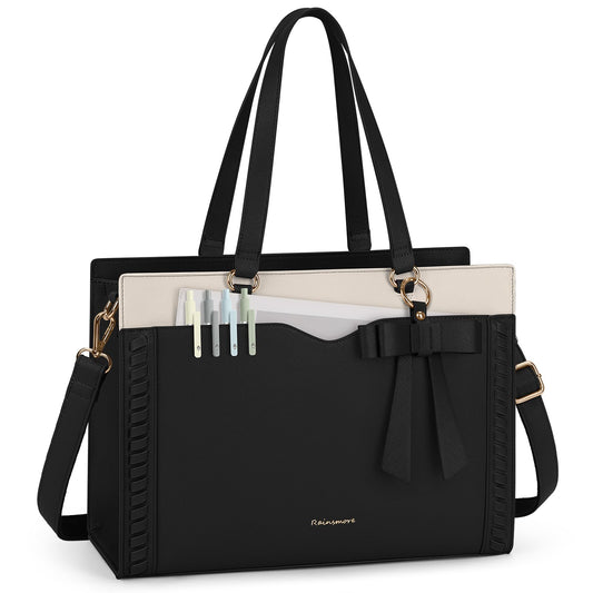 RAINSMORE Laptop Bag for Women 15.6 Inch Work Tote Bag for Women with Detachable Strap & Bow Leather Professional Laptop Tote with Cup Holder, Office Business Briefcase Large Handbag，Black-White