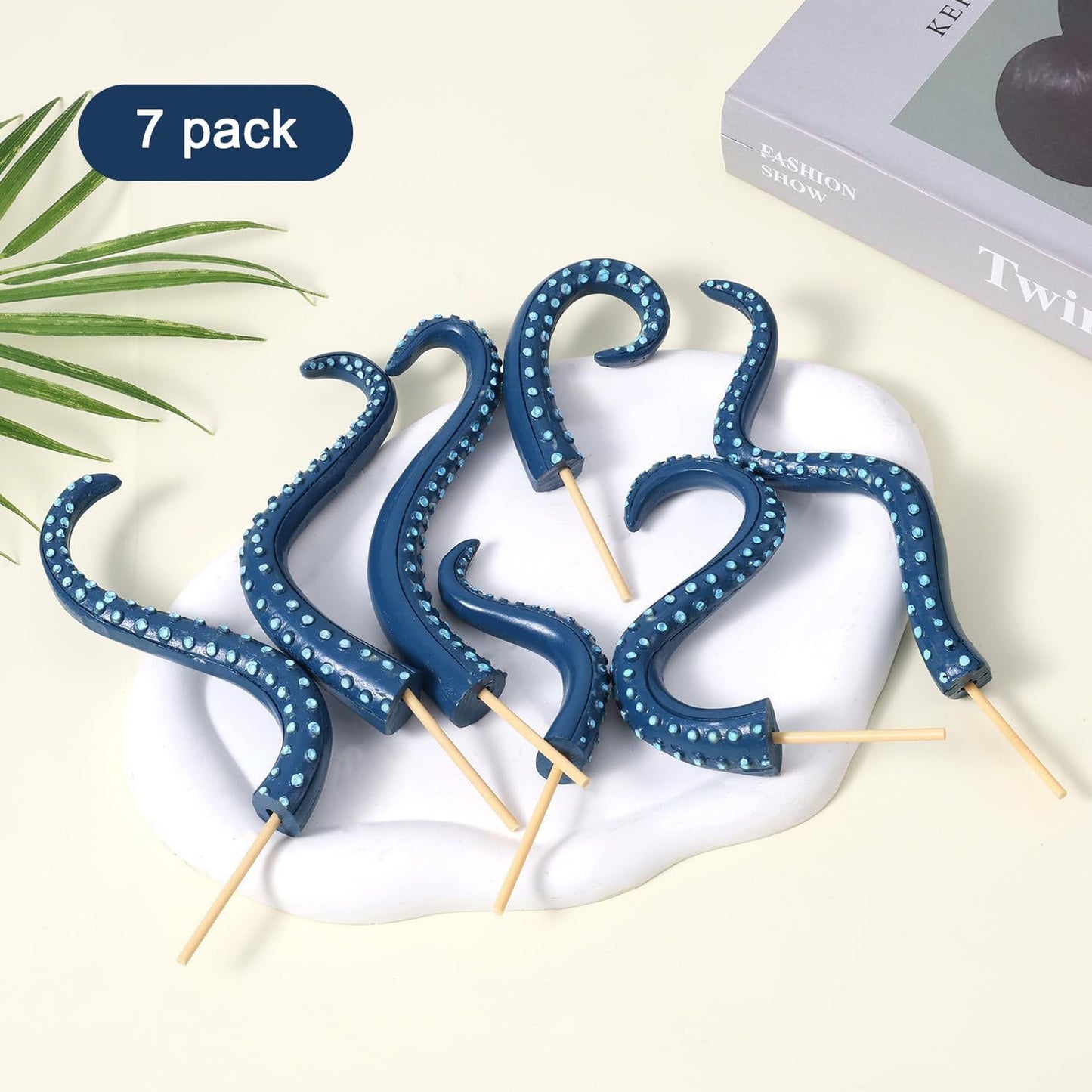7PCS Octopus Tentacle Wooden Plant Stakes – Various Shaped Decorative Garden Stakes for Indoor/Outdoor Use. (Blue)