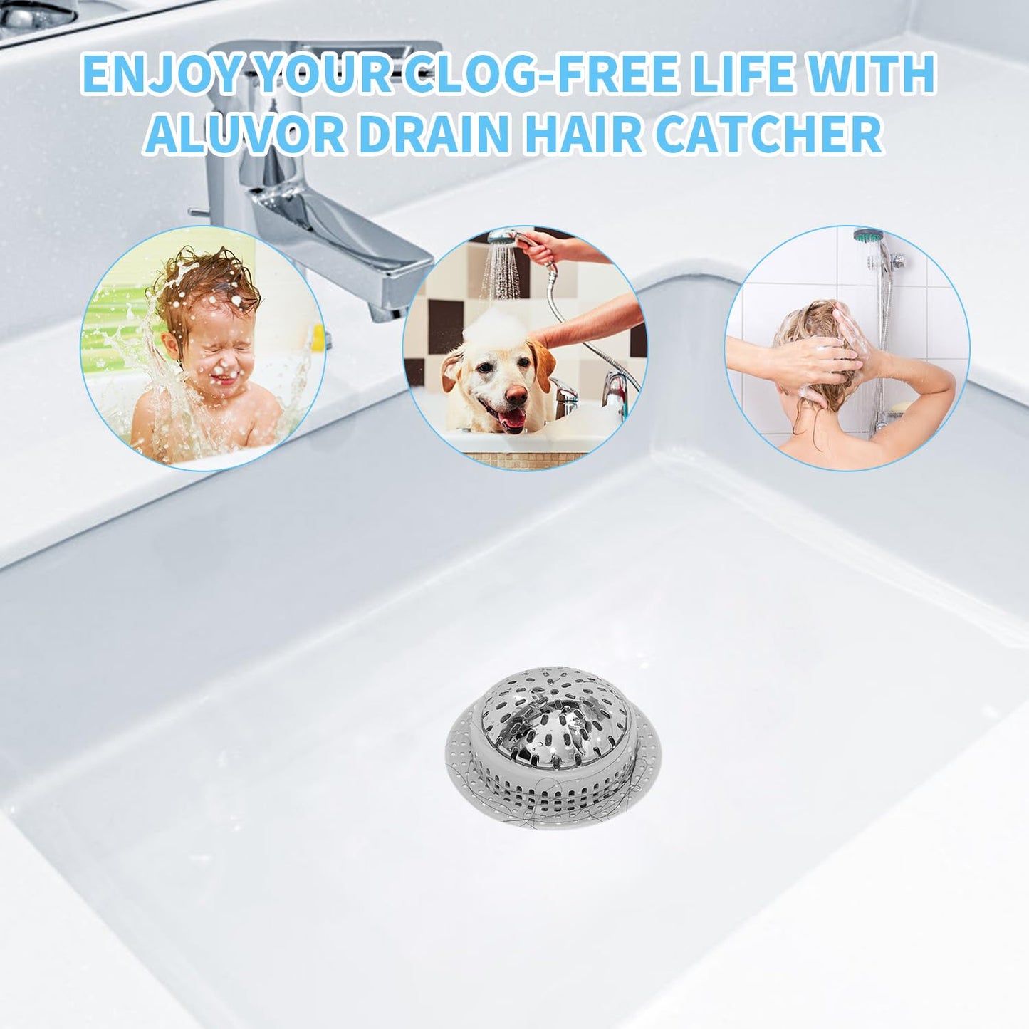 Aluvor Drain Hair Catcher, Bathtub Drain Cover Shower Drain Hair Trap Prevent Clogging Stainless Steel and Silicone Strainer Protector for Pop-Up & Regular Drains