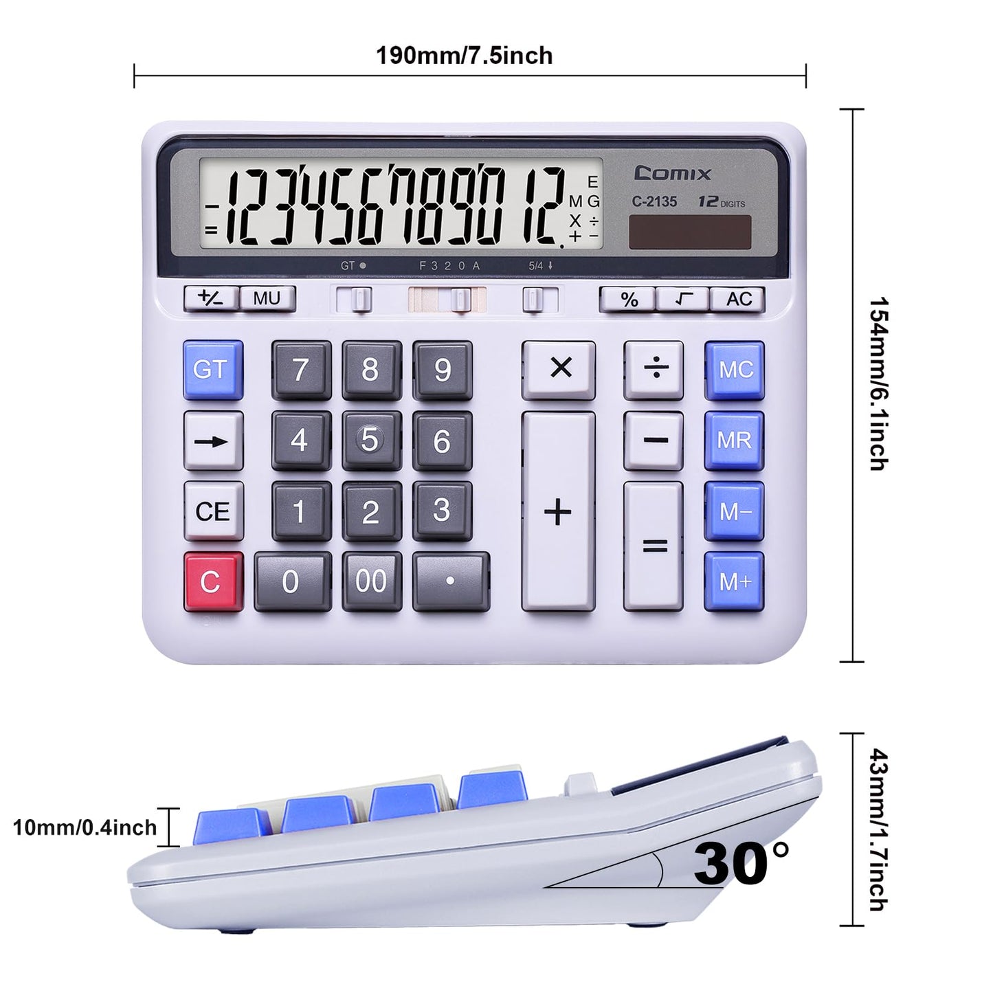 Comix Desktop Calculator Solar Battery Dual Power with 12-Digit Large LCD Display and Large Computer Keys Standard Function Calculator for Home Office School, White