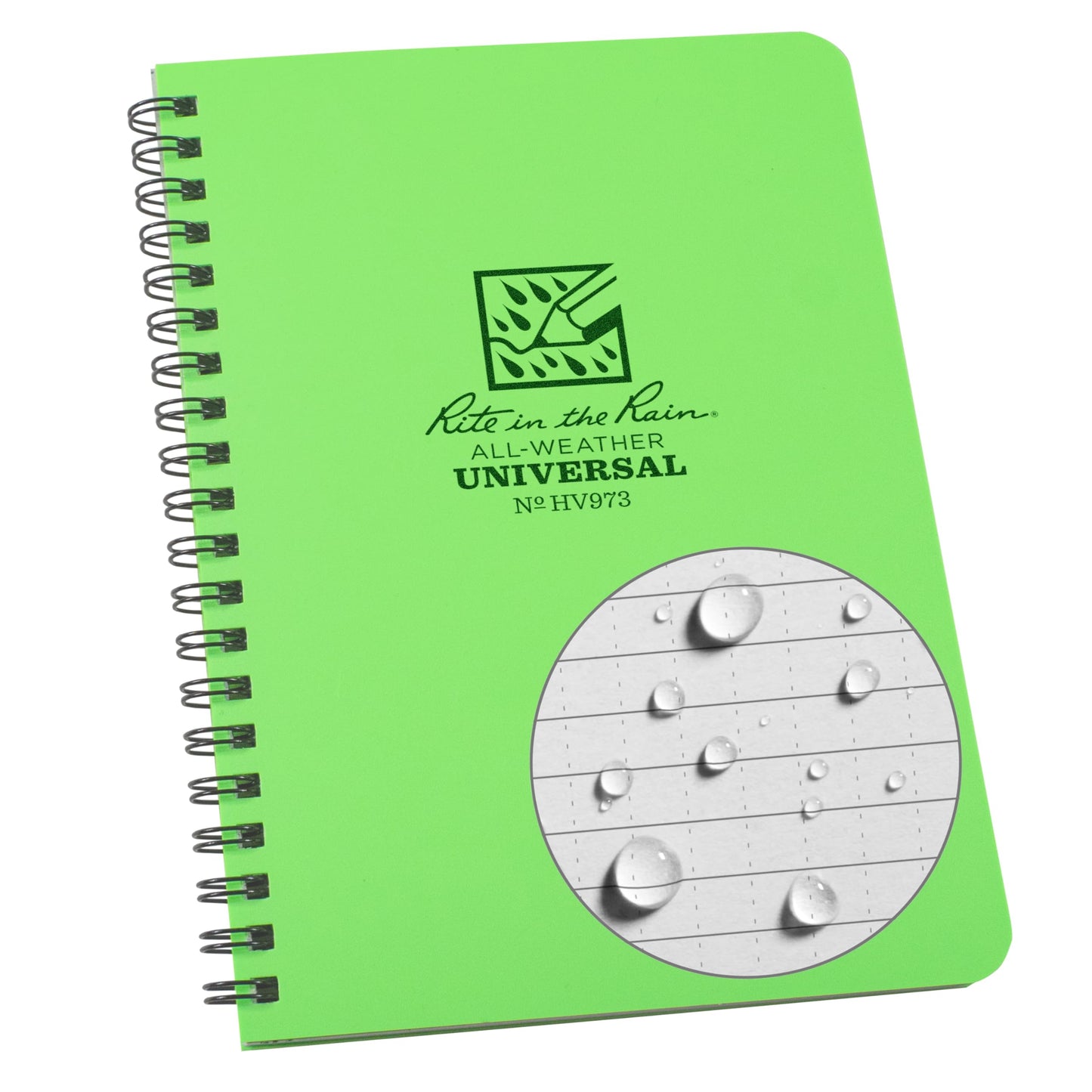 Rite in the Rain Weatherproof Side Spiral Notebook, 4.625" x 7", Hi Vis Green Cover, Universal Pattern (No. HV973)