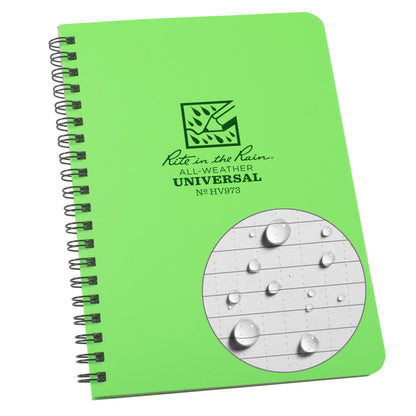 Rite in the Rain Weatherproof Side Spiral Notebook, 4.625" x 7", Hi Vis Green Cover, Universal Pattern (No. HV973)