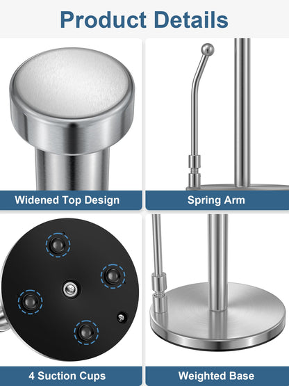 SMARTAKE Paper Towel Holder for One Hand Tear, Paper Towel Dispenser Standing Weighted Base Non Slip, Spring Arm Fit Most Size Paper Roll, Stainless Steel Paper Towel for Kitchen Countertop, Silver