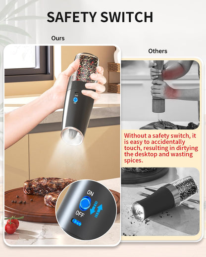 CIRCLE JOY Electric Pepper Grinder Rechargeable Gravity Sensor Pepper Mill with Adjustable Coarseness, Led Light, Upgraded Large Capacity Spice Ginder for Home Restaurant