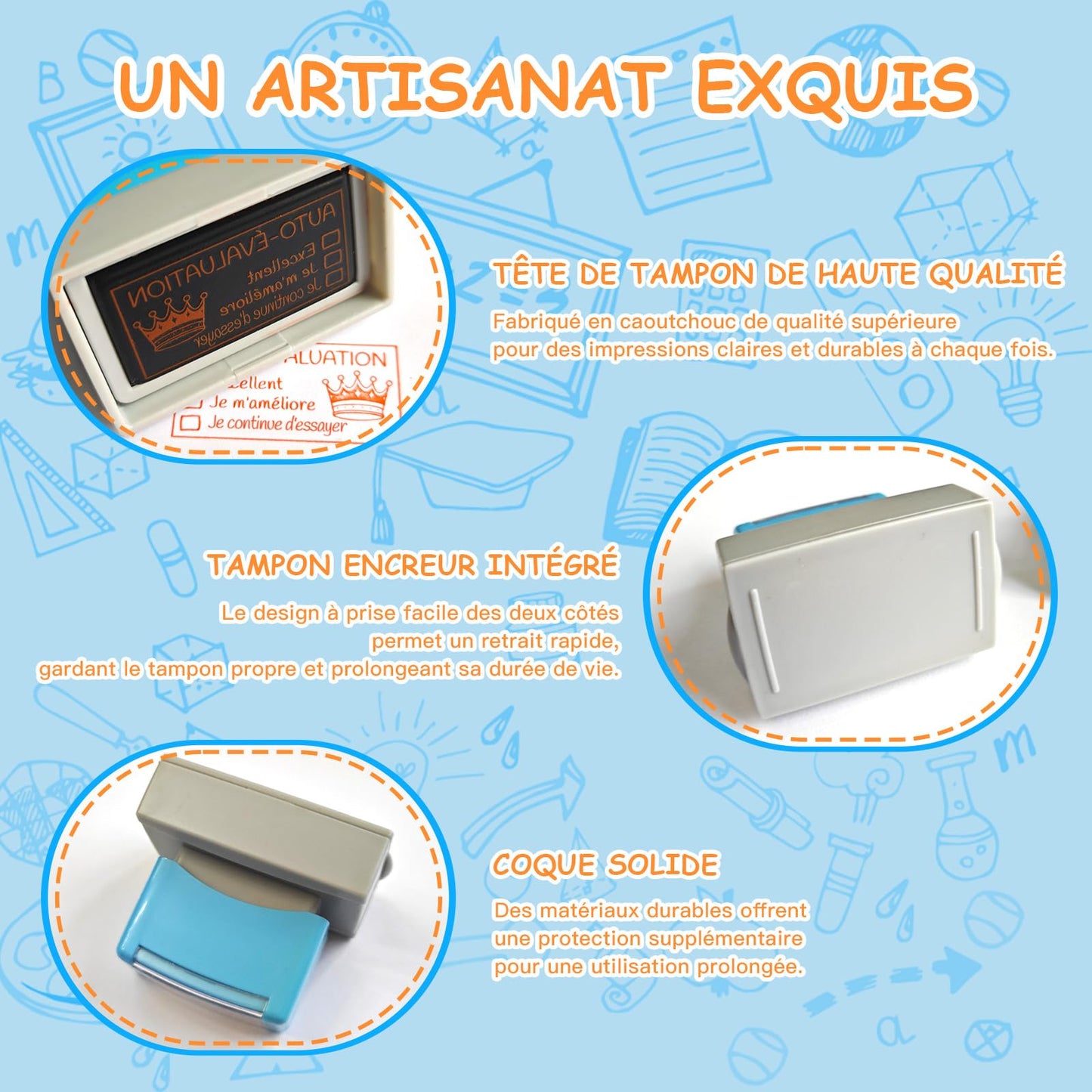 3 Etampe Enseignant en Francais Auto-Encreuses, Étampes Pré-Encrées pour l'Évaluation, Ensemble d'Étampes pour Cadeaux d'Enseignant, pour Scolaires Essentielles, Papeterie de Bureau Incontournable
