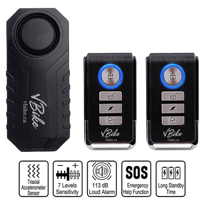 vBike Anti-Theft Alarm System,for eBike, Bike, Motorcycle, and Trailer Wireless with Two Remote Controls, Vibration Motion Sensor, Waterproof, 113dB Loud Alarm with Seven Sensitivity Level