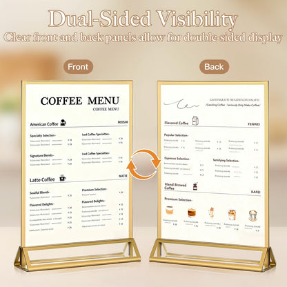 RUITENG 12 Pack Acrylic Sign Holder, 4x6 Clear Gold Frame Display Stand, Double Sided Picture Menu Flyer Holders, Wedding Table Number Frames for Cards Photo Party Decoration (4" x 6")