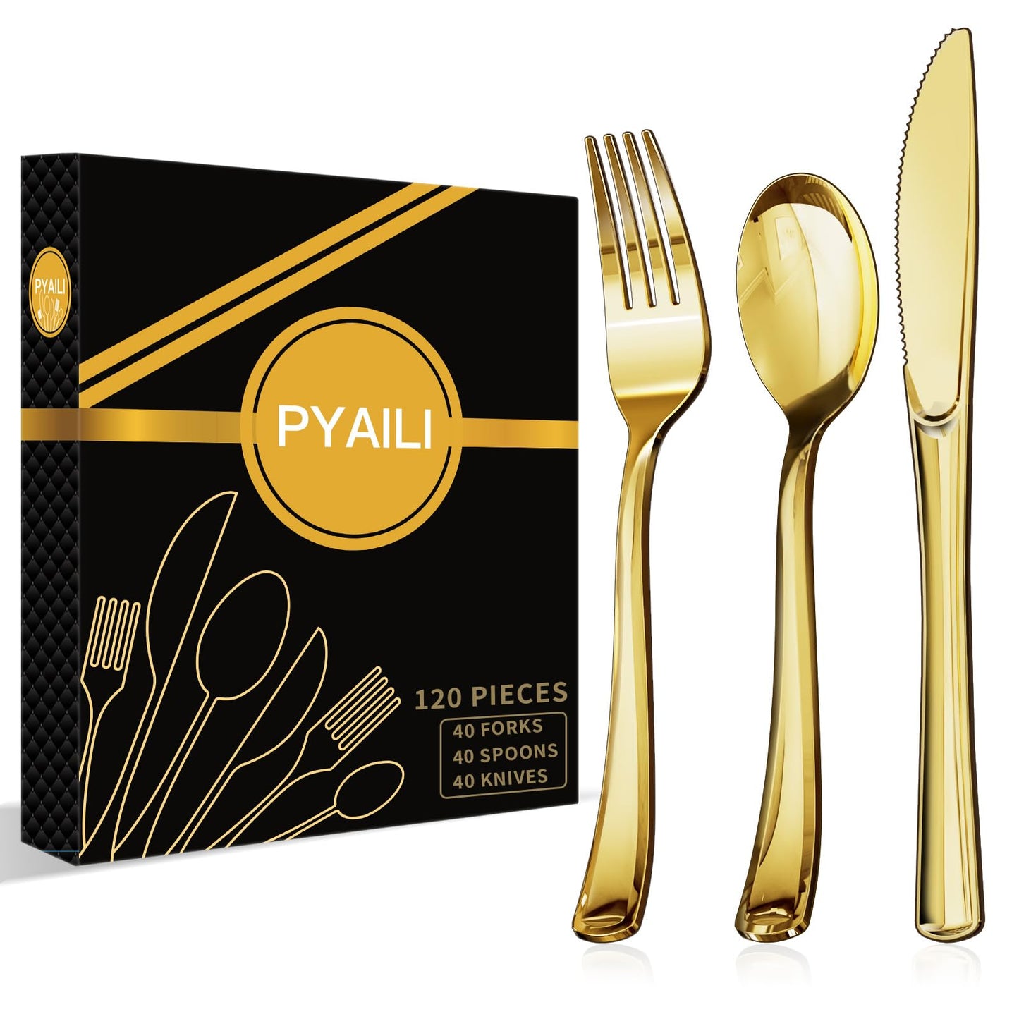 PYAILI Plastic Cutlery Sets - 120 Piece Gold Heavyweight Cutlery Set，Reusable Plastic Flatware Includes 40 Forks, 40 Spoons, 40 Knives，Perfect Gold Plastic Cutlery