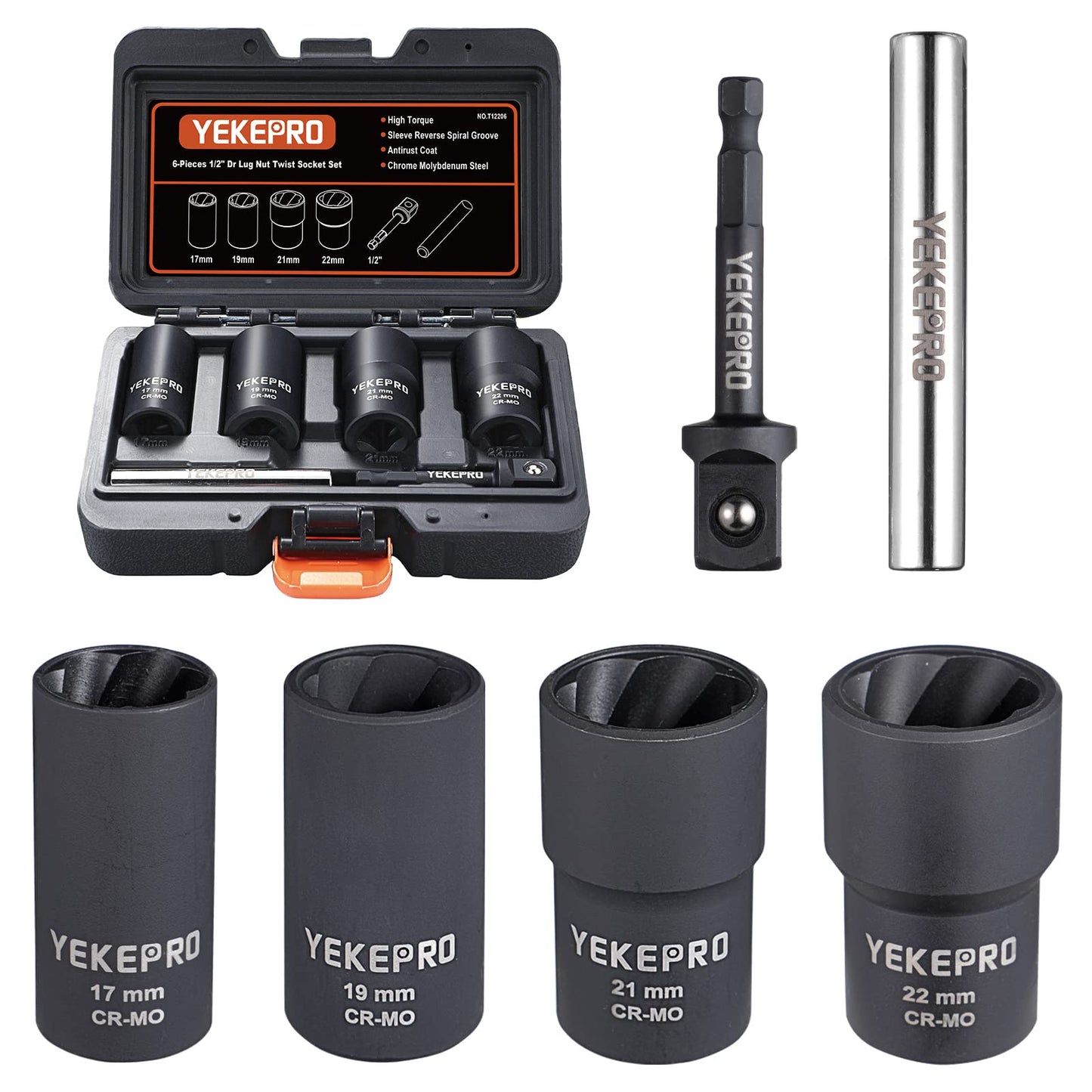 YEKEPRO 6 PCS Lug Nut Removal Tool, 1/2-inch Drive Impact Twist Socket Set & Bolt Extractor Set, Wheel Lock Removal Kit for Removing Damaged, Frozen, Rusted, Nuts & Screws, Cr-Mo Steel, T12206