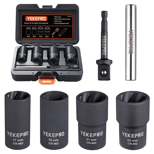 YEKEPRO 6 PCS Lug Nut Removal Tool, 1/2-inch Drive Impact Twist Socket Set & Bolt Extractor Set, Wheel Lock Removal Kit for Removing Damaged, Frozen, Rusted, Nuts & Screws, Cr-Mo Steel, T12206