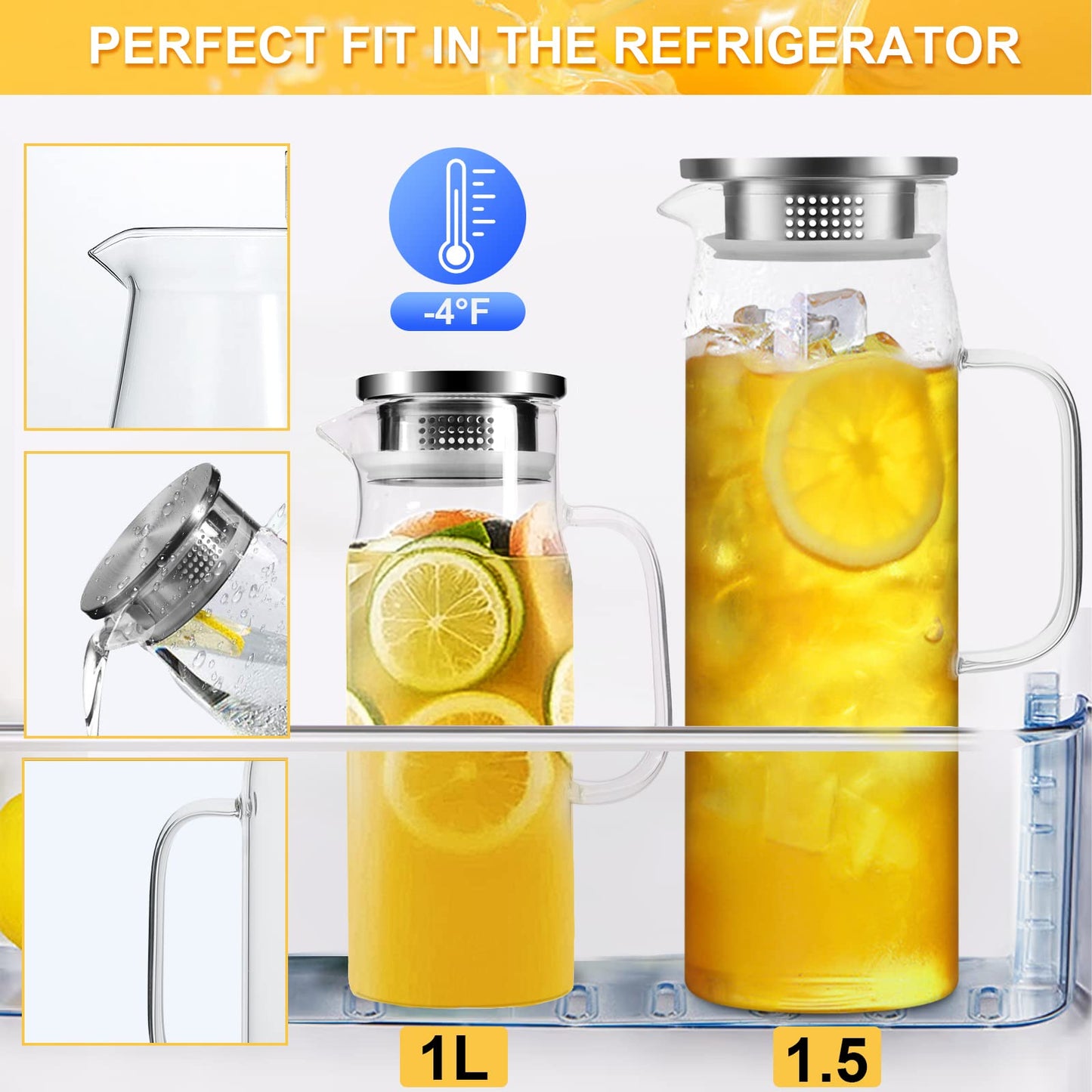 Yirilan Glass Pitcher,1.5 L Water Pitcher with Lid,Juice Pitcher,Glass Water Jug,Water Carafe,Juice Jug