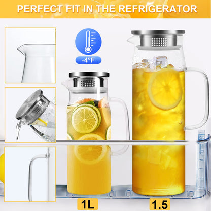 Yirilan Glass Pitcher,1.5 L Water Pitcher with Lid,Juice Pitcher,Glass Water Jug,Water Carafe,Juice Jug